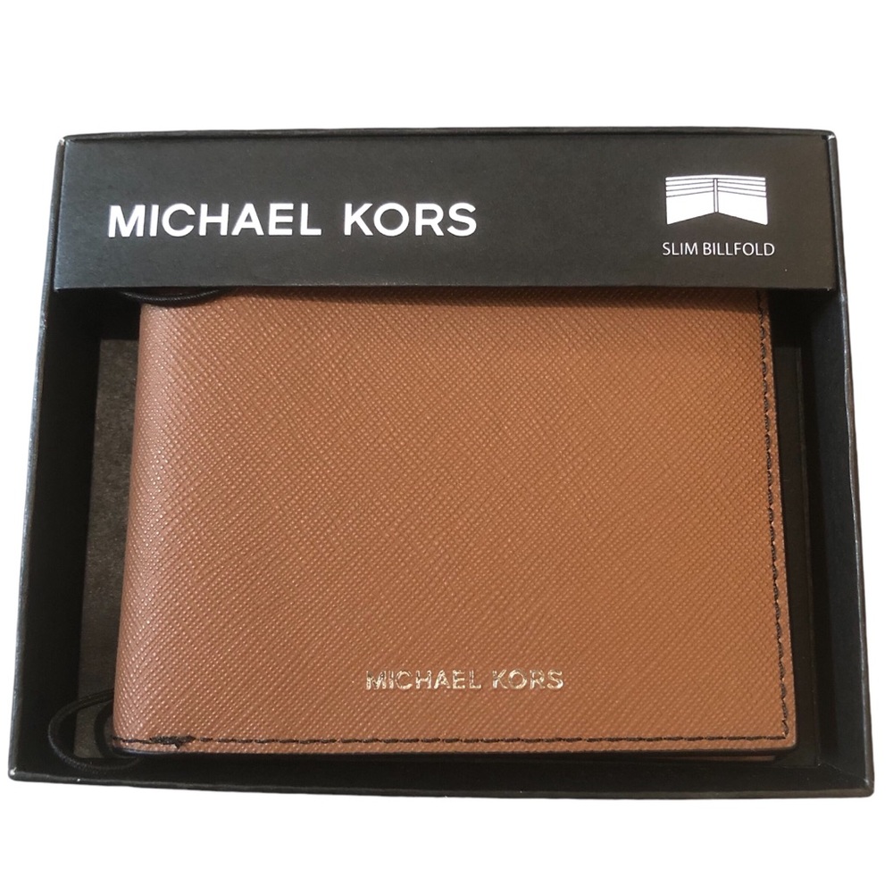 New In Box Michael Kors MK Men’s Slim Billfold Brown Leather Wallet